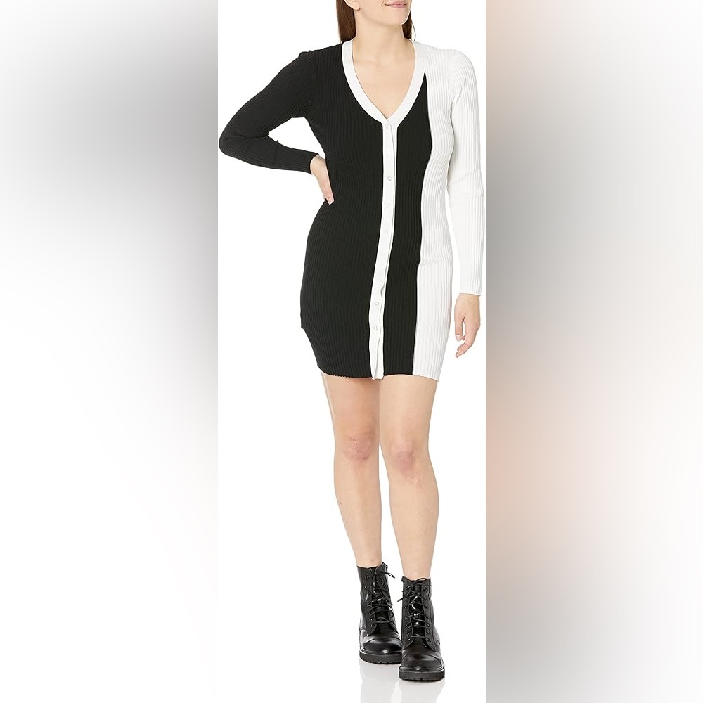 BCBGeneration Black & White Ribbed Knit Button Front Bodycon Dress – Size S